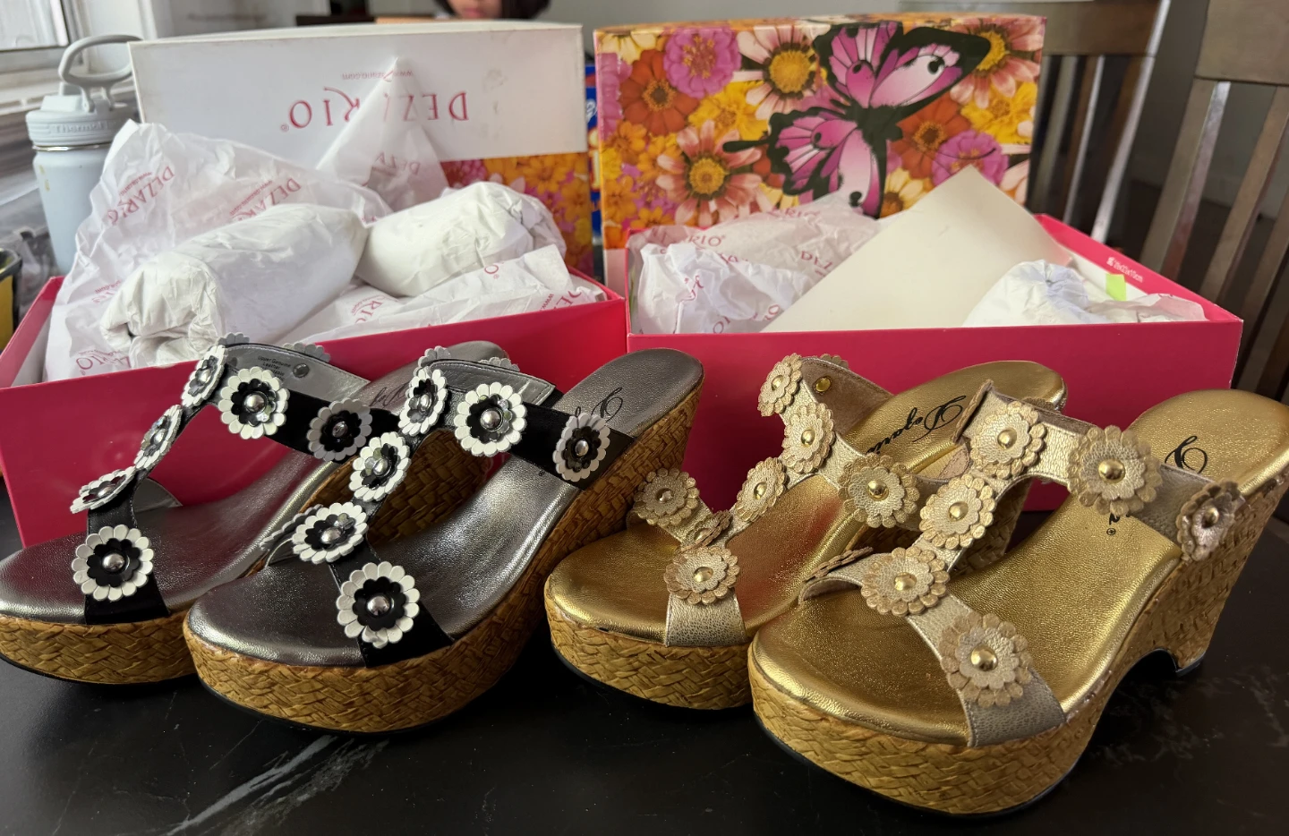 New in box Dezario Gold Wedge Sandals with Flower Embellishments
