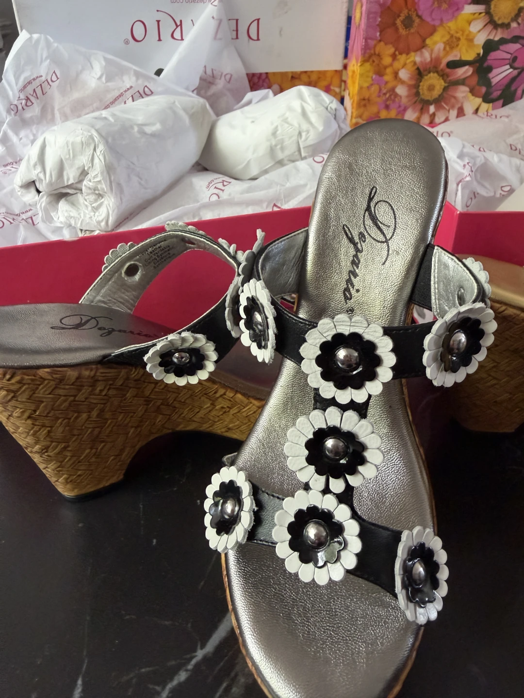 New in box Dezario Gold Wedge Sandals with Flower Embellishments - photo 3