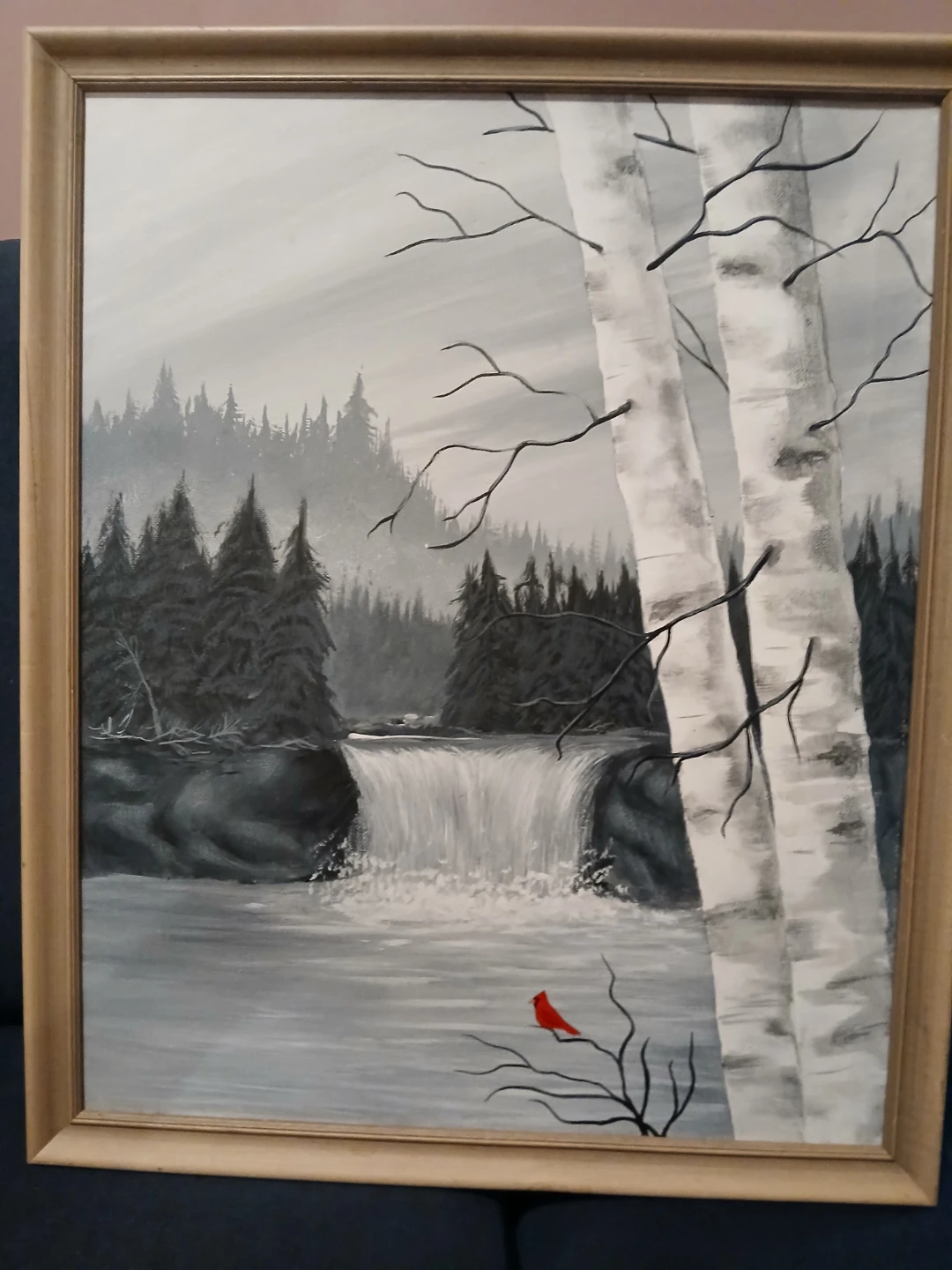 Framed Painting of Waterfall and Cardinal