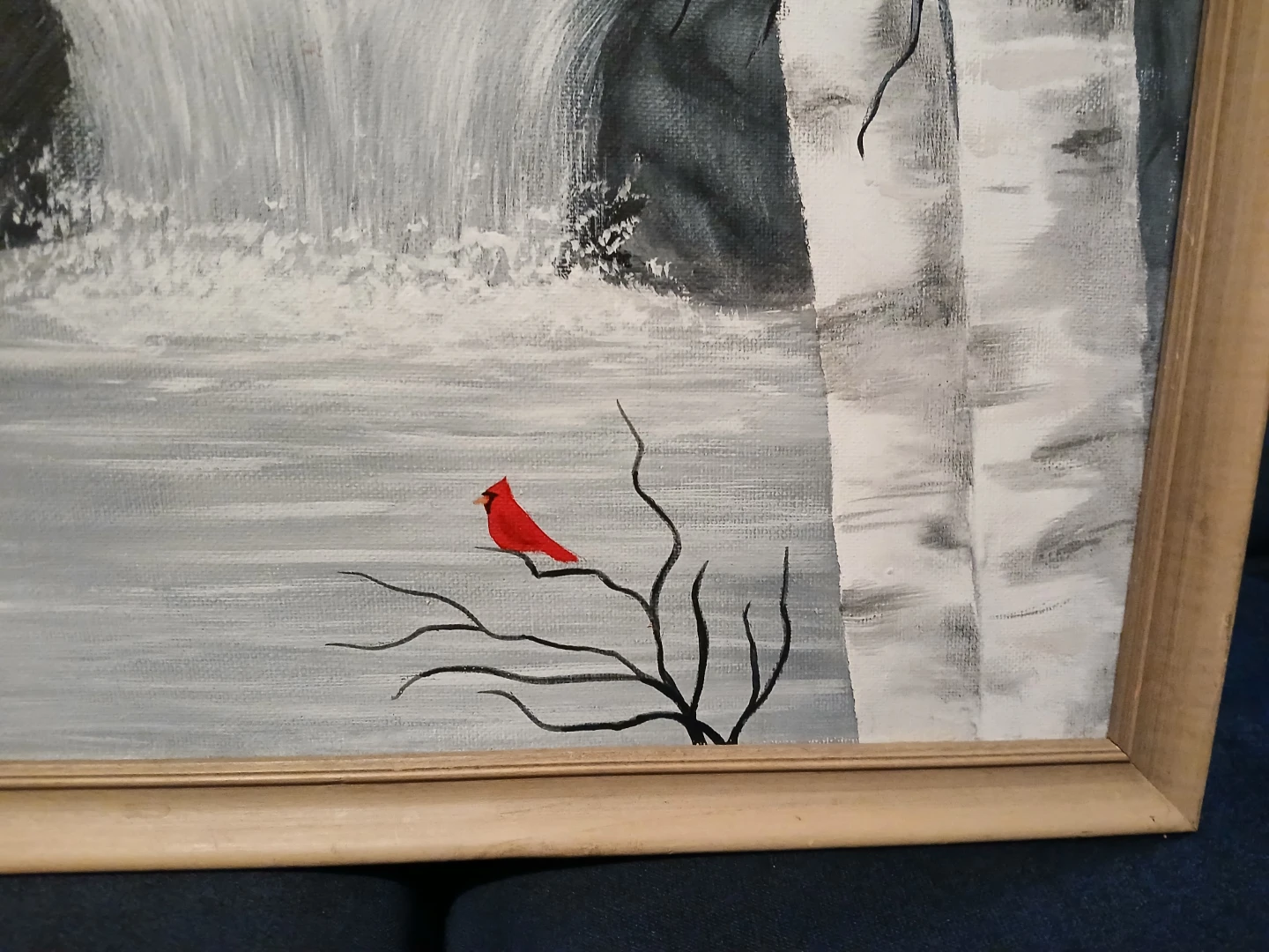 Framed Painting of Waterfall and Cardinal - photo 2