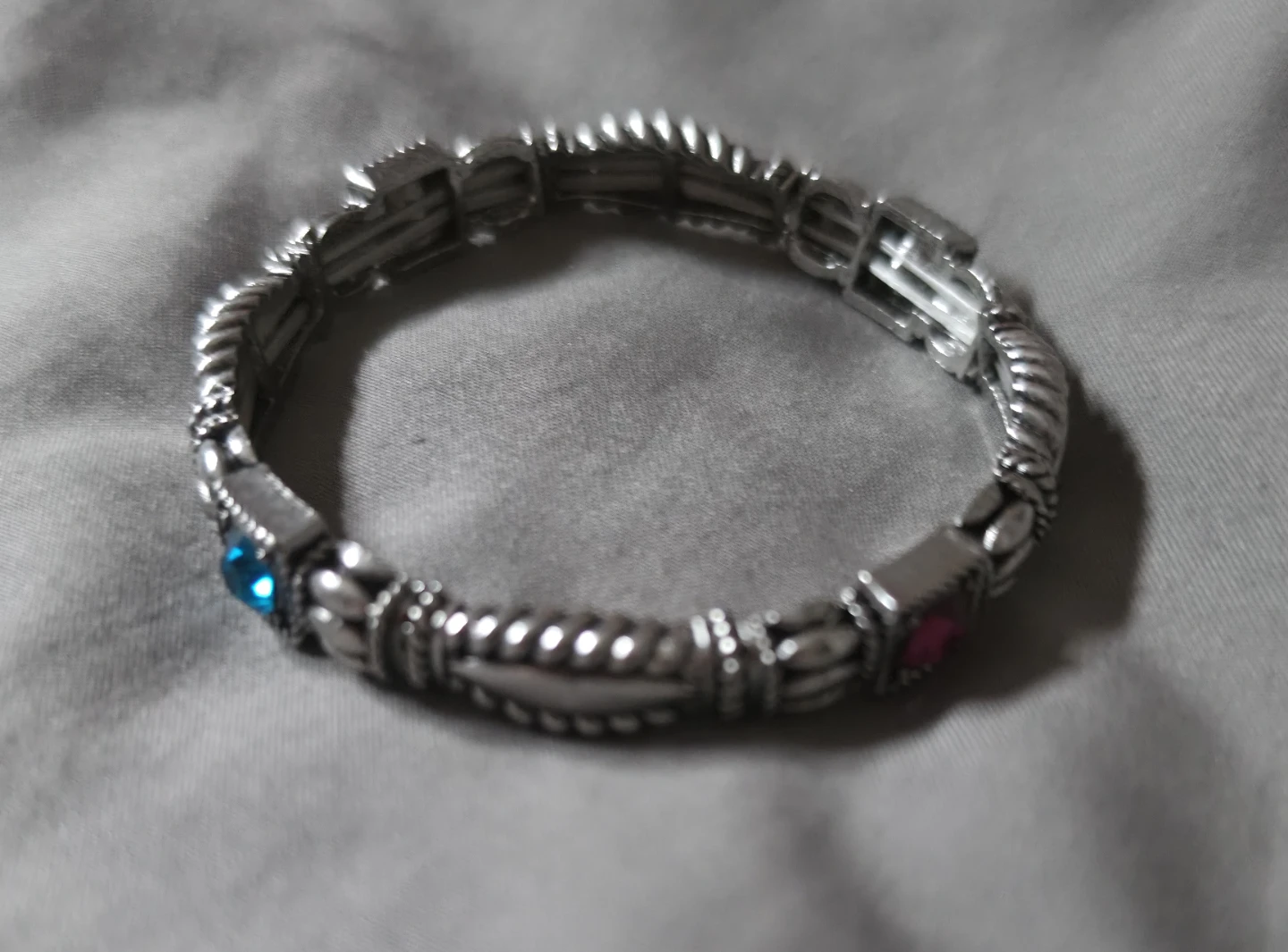 Silver-tone Stretch Bracelet with Blue and Pink Gems