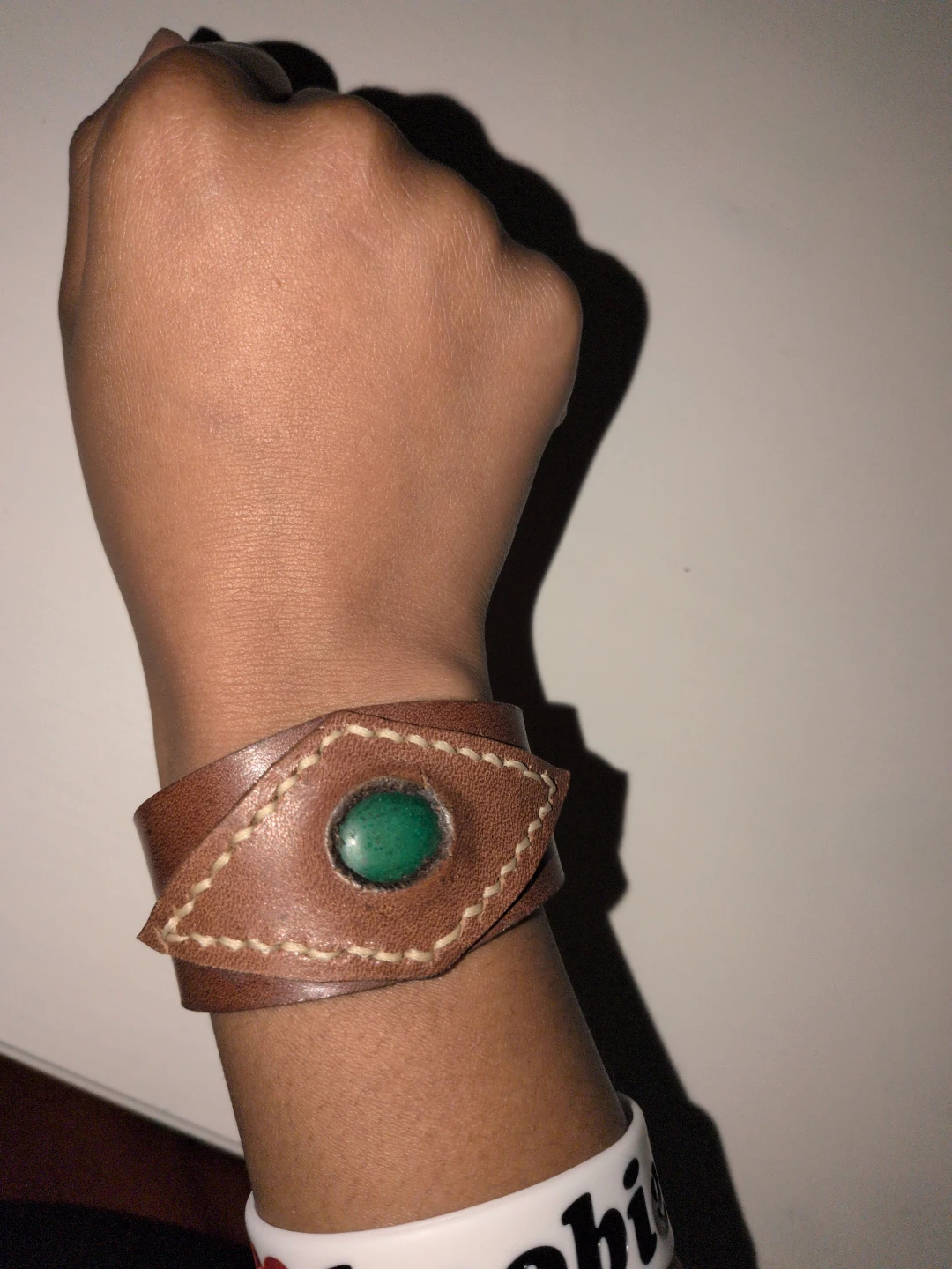 Brown Leather Cuff Bracelet with Green Stone