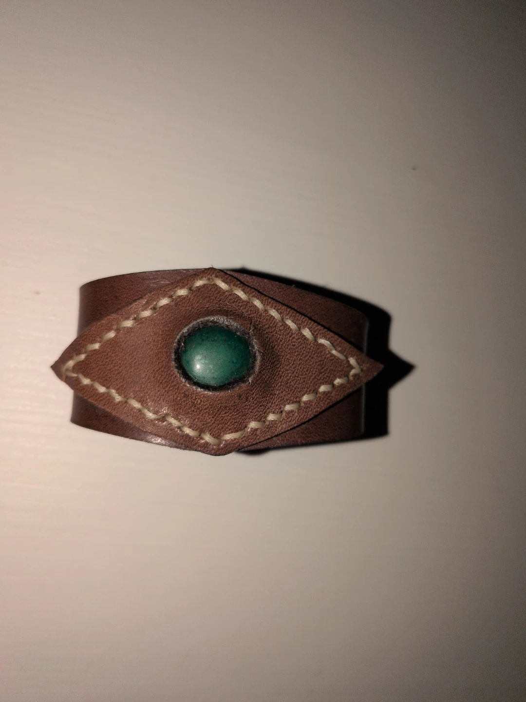 Brown Leather Cuff Bracelet with Green Stone - photo 3