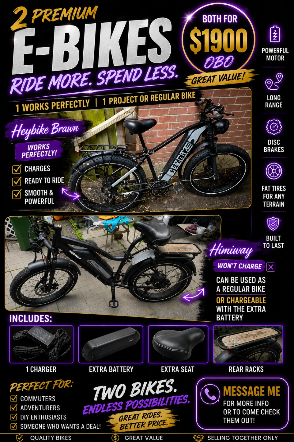 2 Fat Tire E-Bikes + Extras - $1,900 OBO