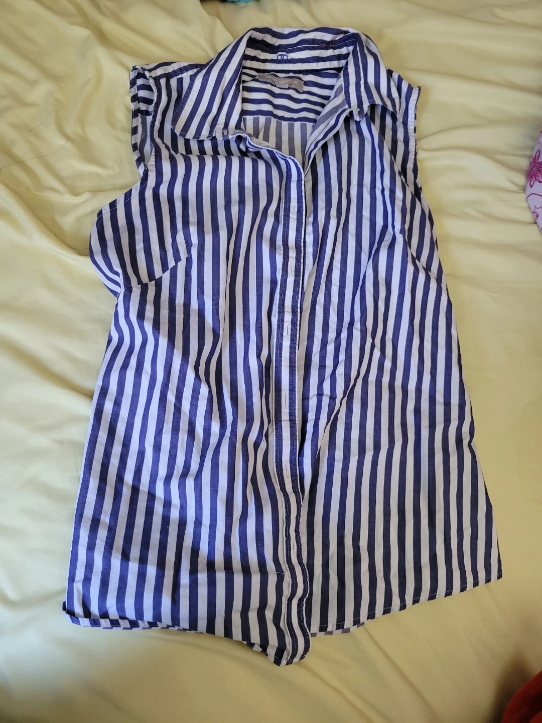 Blue and White Striped Sleeveless Blouse