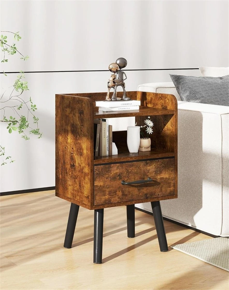 Rustic Wood Nightstand with Drawer and Shelf