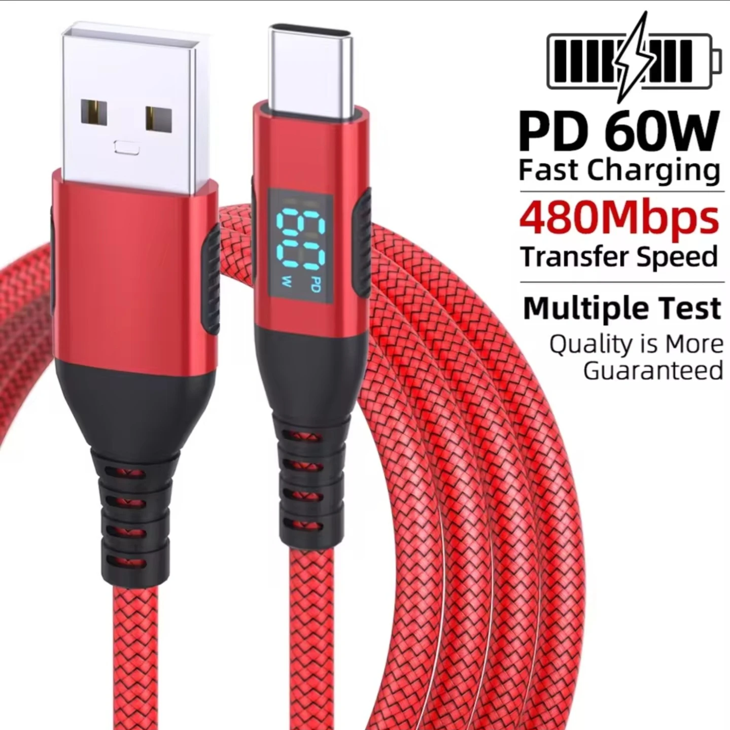 PD 60W USB-C Fast Charging Cable 480Mbps Red