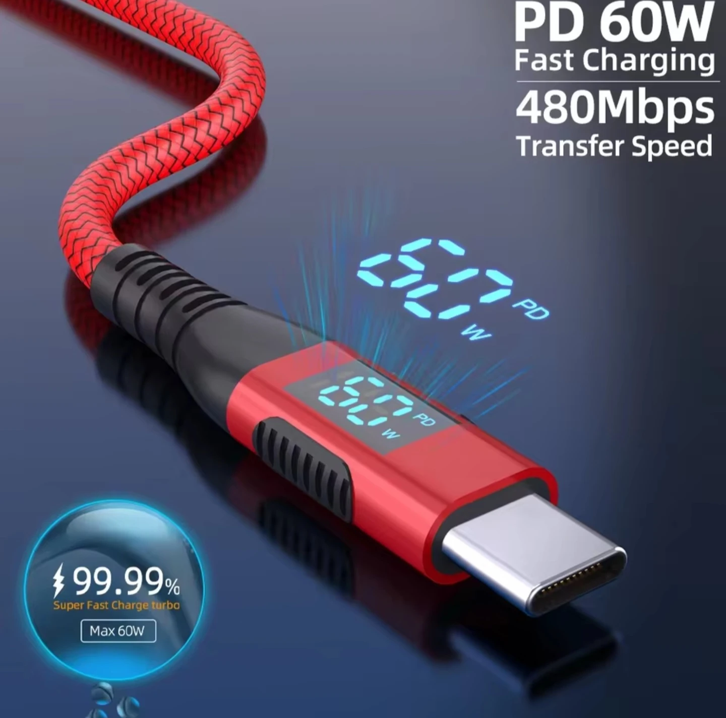 PD 60W USB-C Fast Charging Cable 480Mbps Red - photo 2