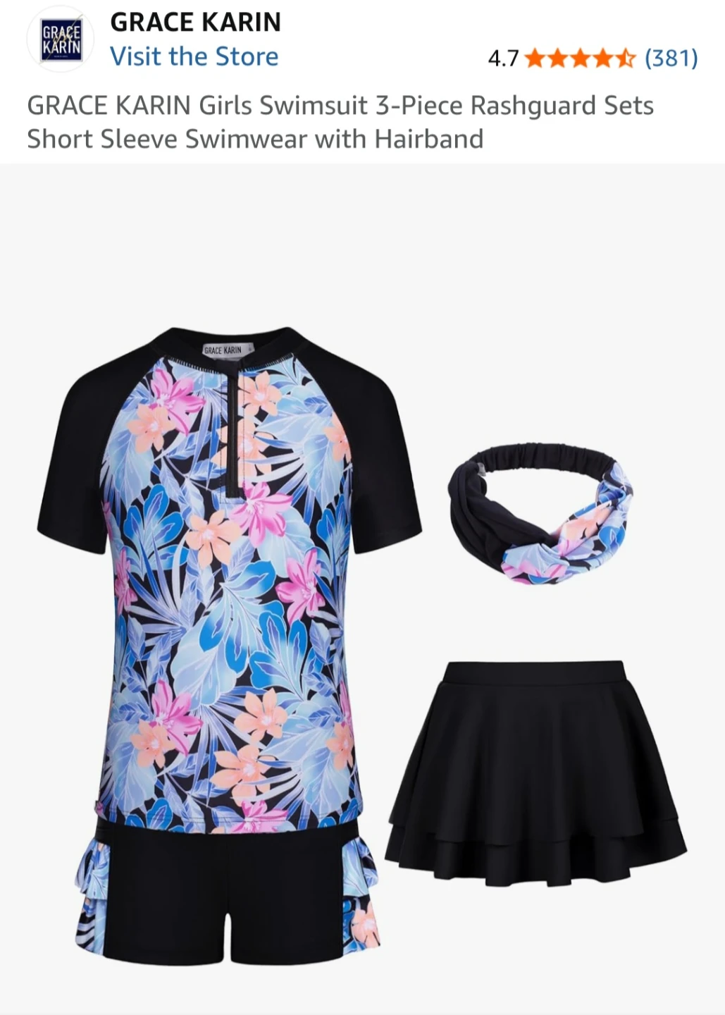 GRACE KARIN Girls 3-Piece Rashguard Swimsuit Set