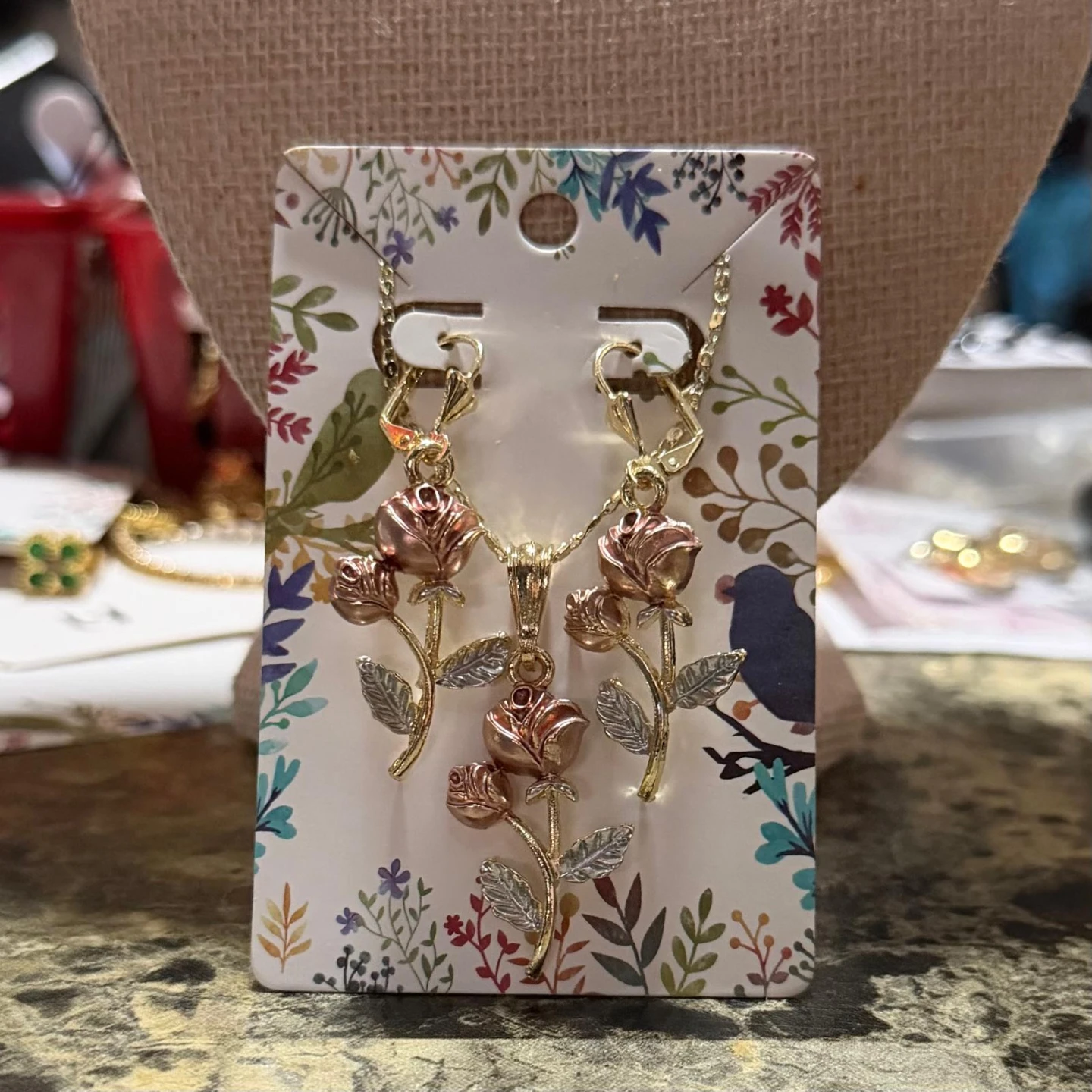 Gold laminated Rose Pendant Necklace and Earrings Set