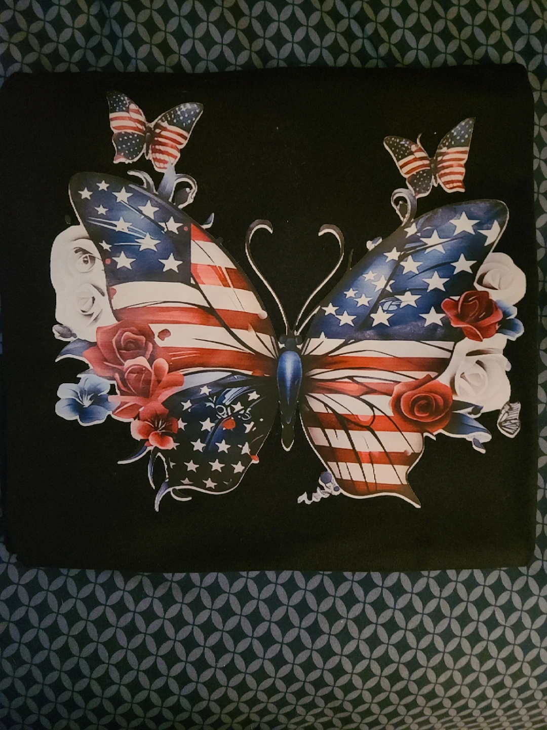 Black T-Shirt with American Flag Butterfly Design