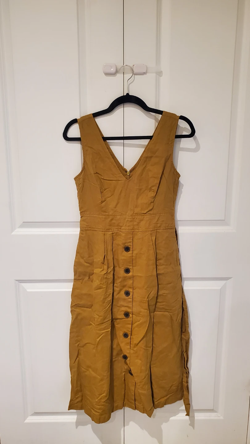 GAP Mustard Yellow Button-Up Linen Midi Dress