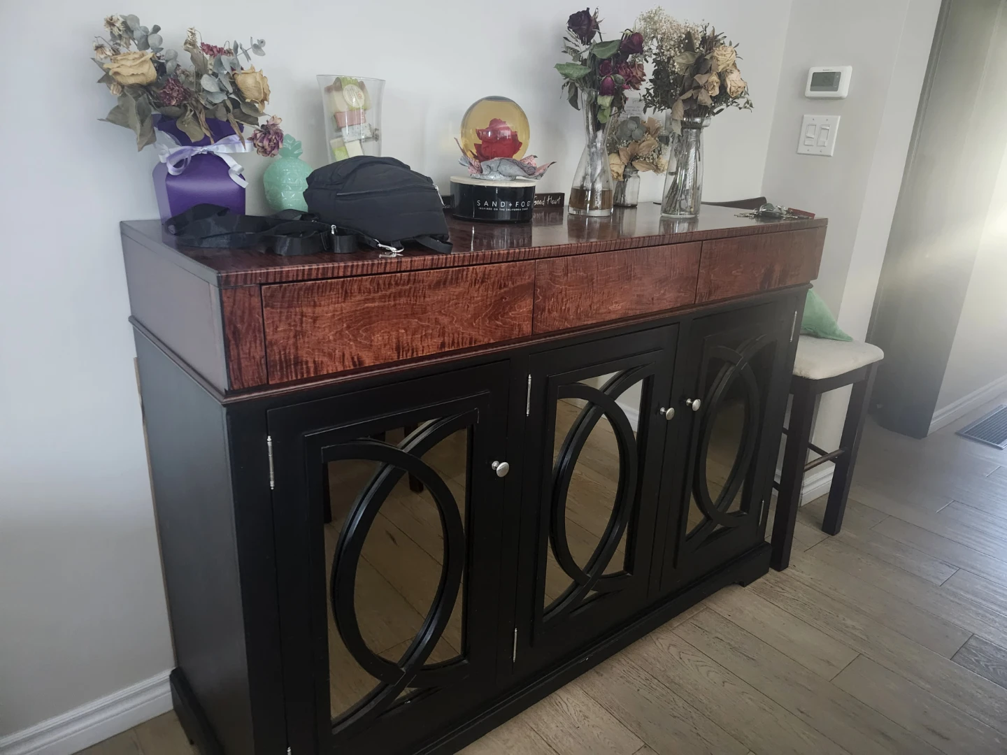 Black and Wood Sideboard with Mirrored Doors