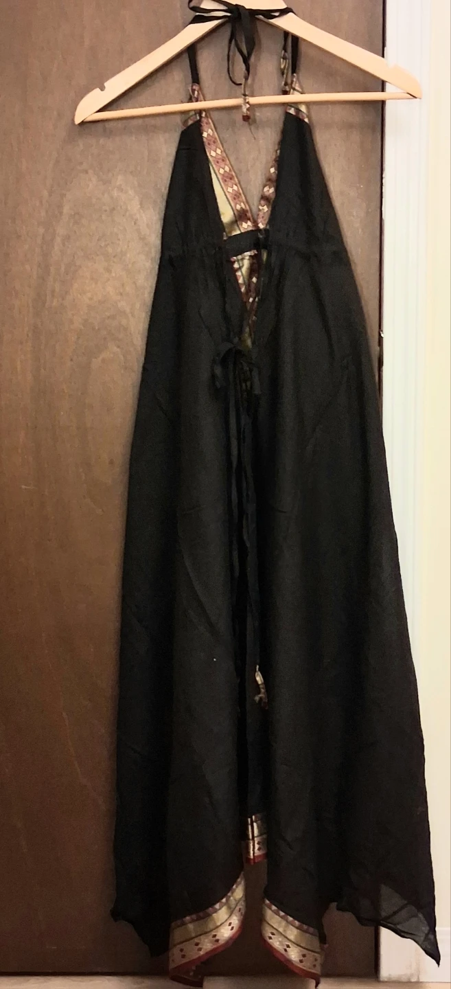 NEW BOHO BLACK HALTER MAXI DRESS WITH GOLD TRIM - photo 3