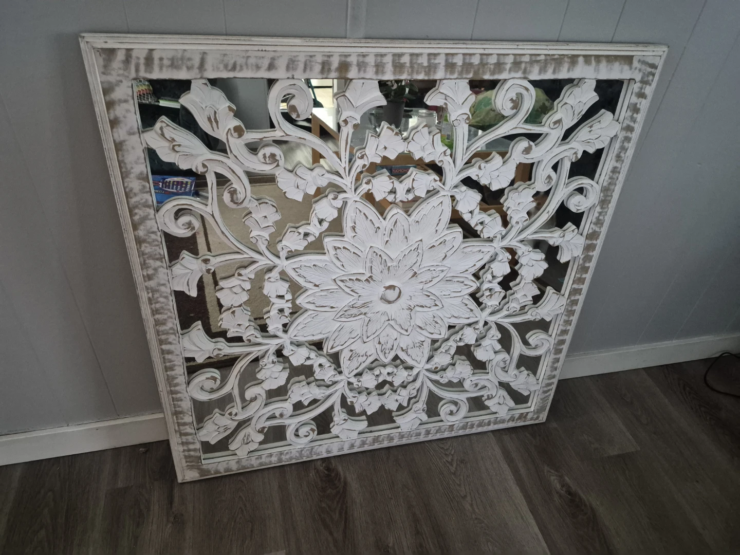 Ornate White Wood Carved Mirror Wall Art