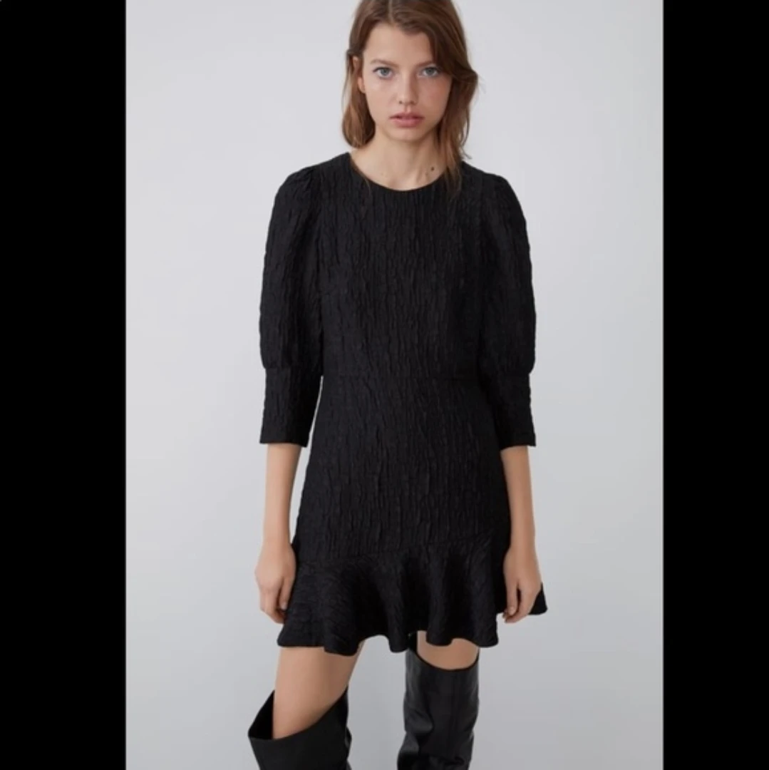 Zara black textured long sleeve ruffle hem dress size S