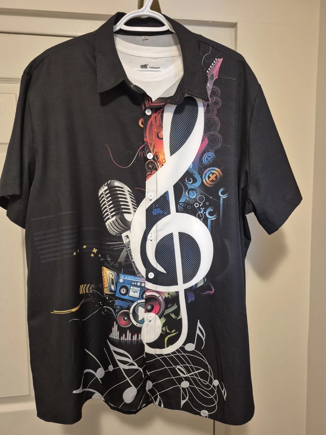 Men's 1XL Black Music Graphic Button-Up Shirt