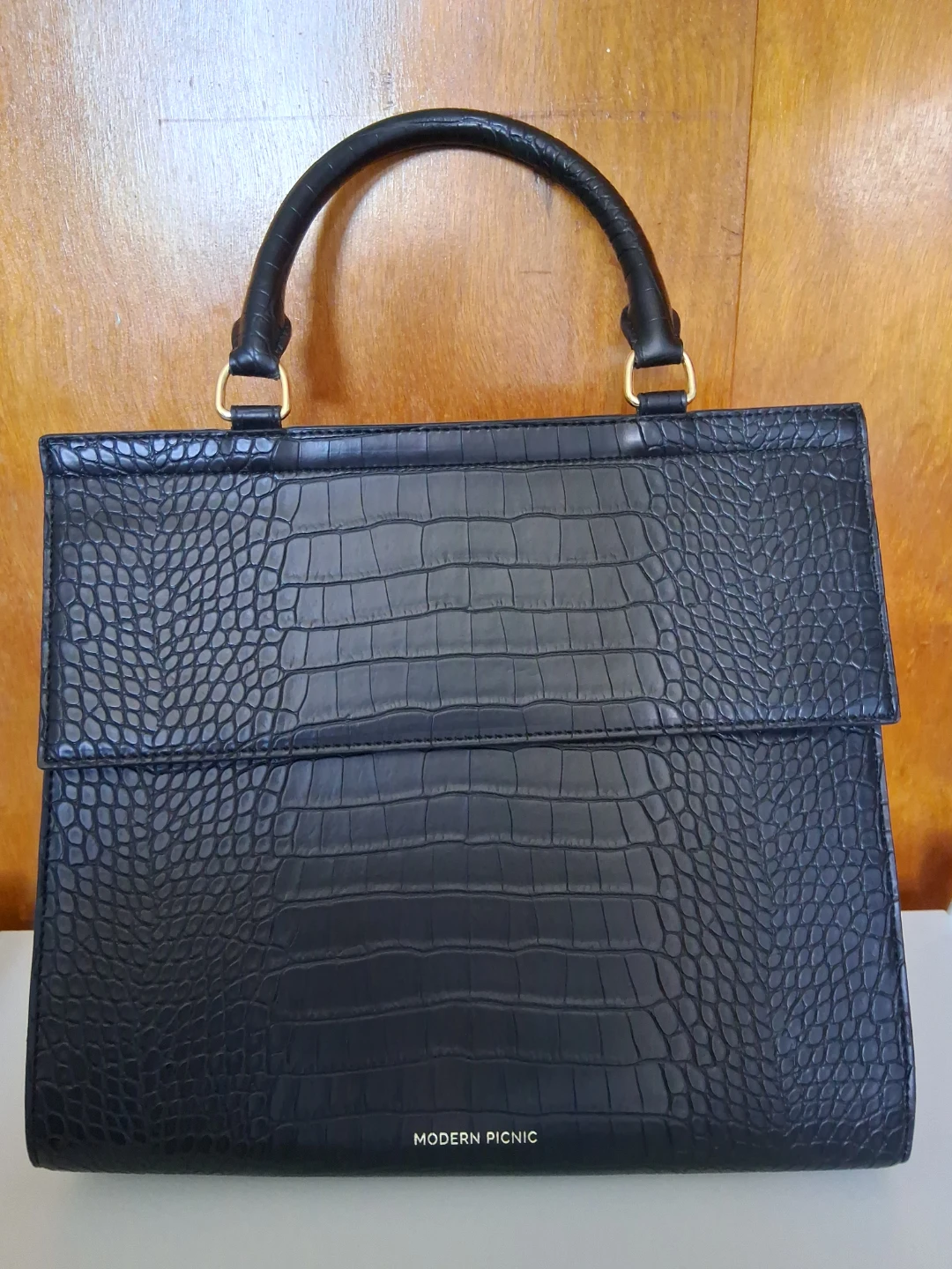 Black Faux Croc Top Handle Bag