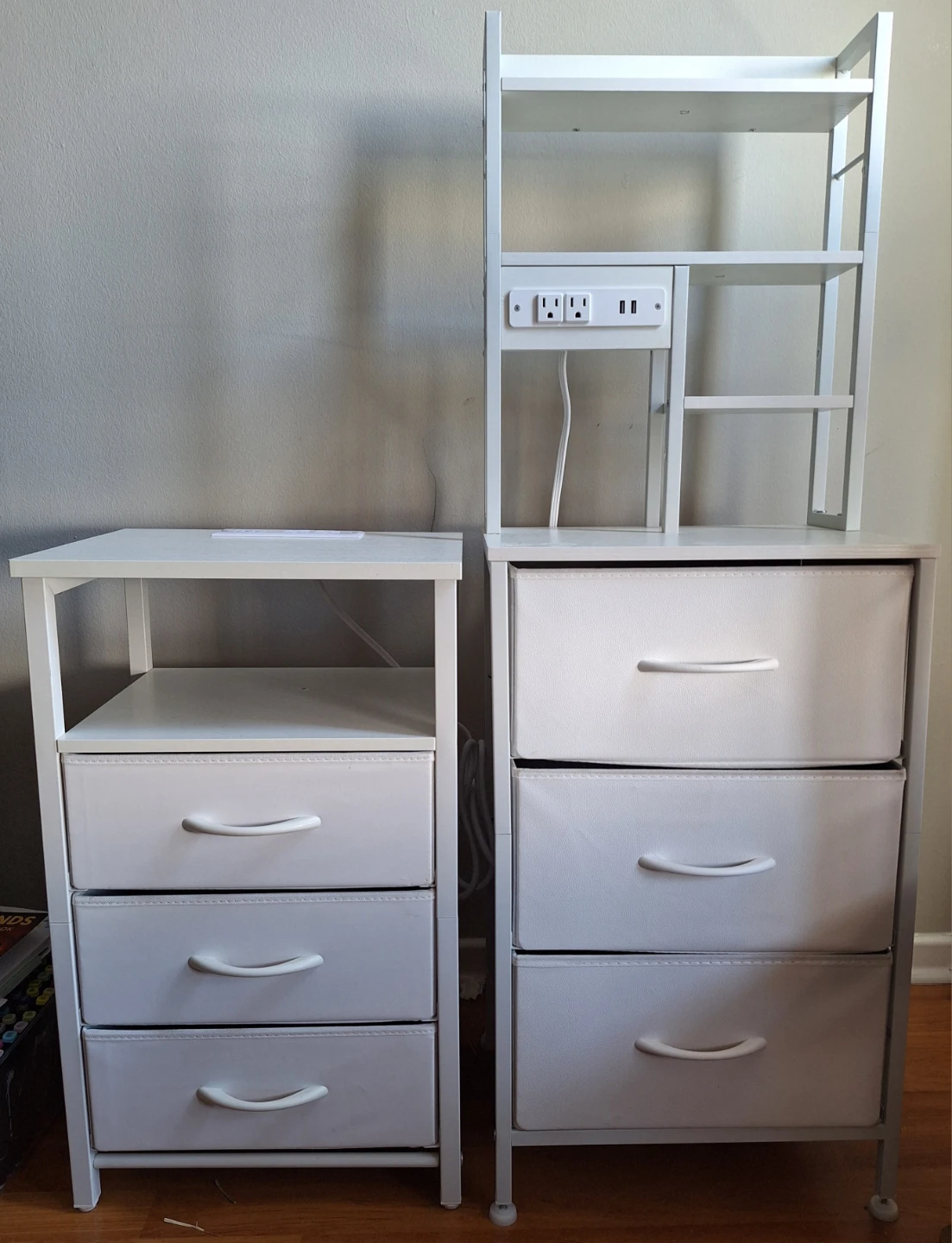 White Shelves w/ Built-in Power Strips, Storage Drawers