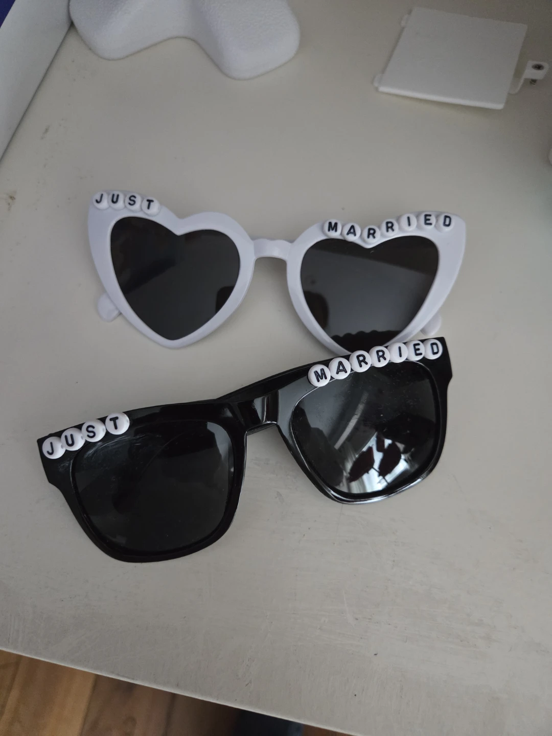 Just Married Sunglasses - White and Black Heart/Square Frames