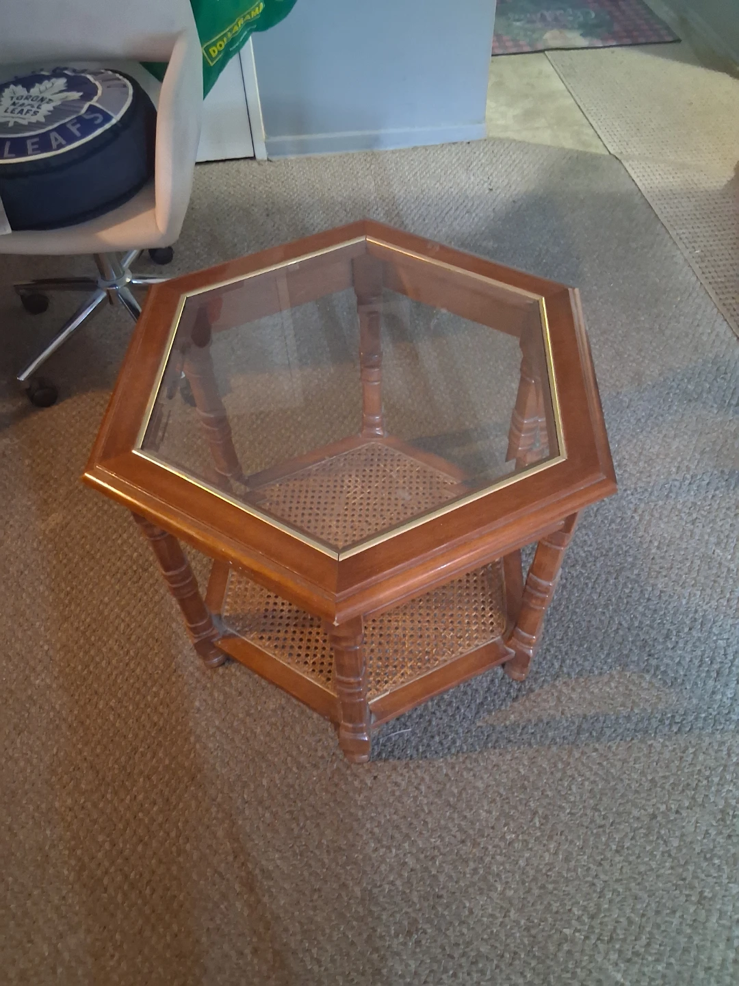 Hexagonal End Table with Glass Top and Cane Shelf