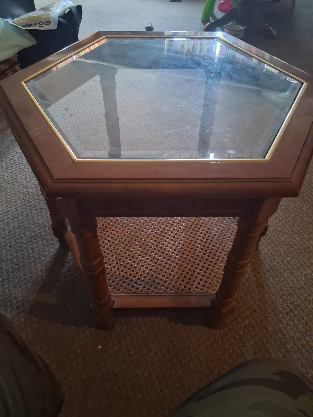 Hexagonal End Table with Glass Top and Cane Shelf - photo 2