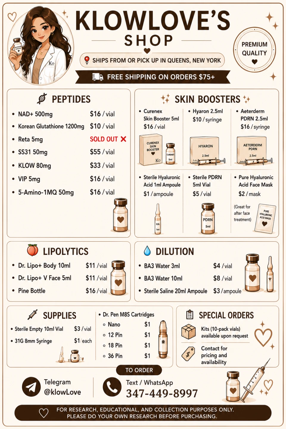 Peptides: Klow GHK MotsC SS31 Reta NAD+ Glutathione BAC
