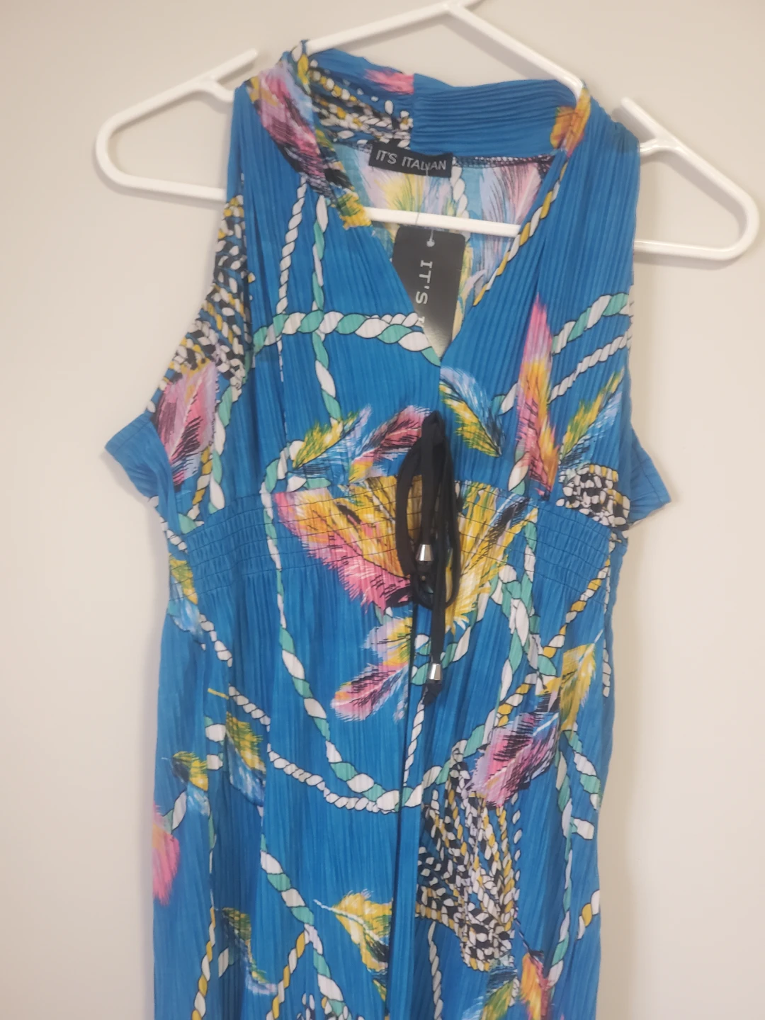 Blue Feather Print Pleated Halter Dress