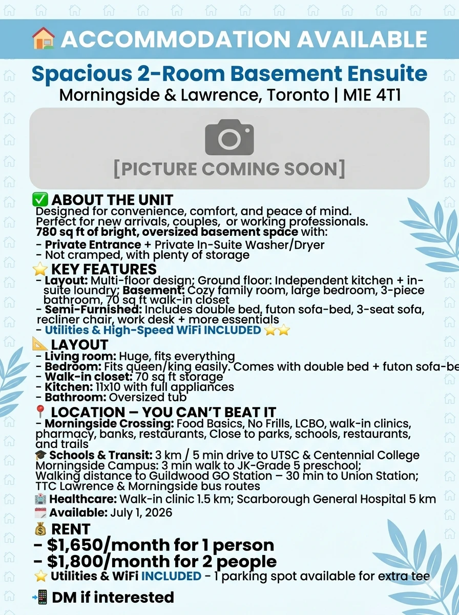 Spacious 2-Room Basement Ensuite -Morningside & Lawrence
