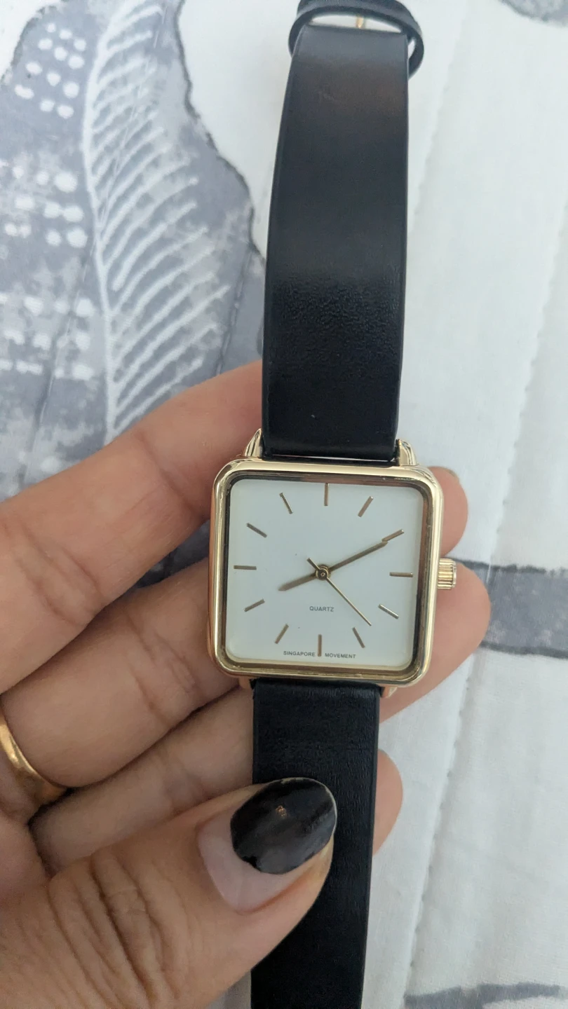 Square Face Quartz Watch with Black Leather Strap