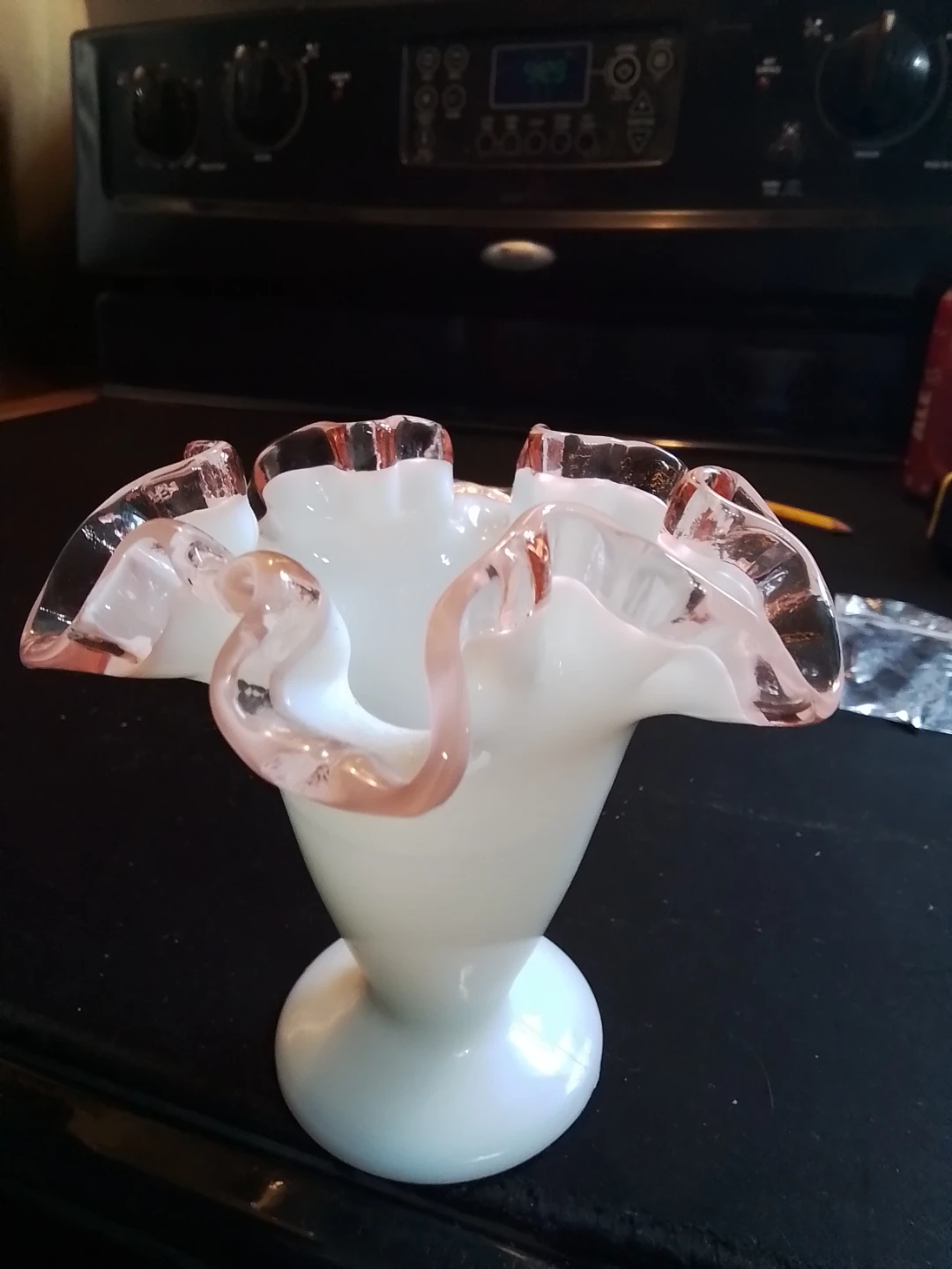 Vintage 1940s Fenton Rose Crest White Milk Glass Trumpet