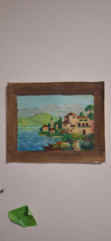 Vintage Lakeside Village Oil Painting