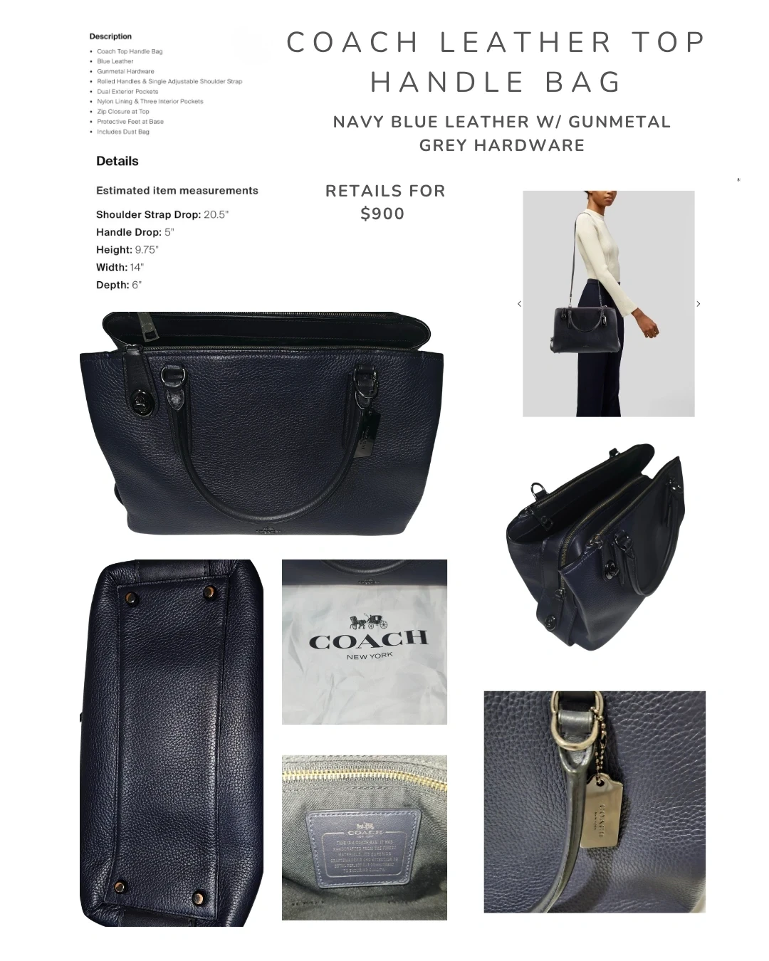 Coach Leather Top Handle Bag Navy Blue