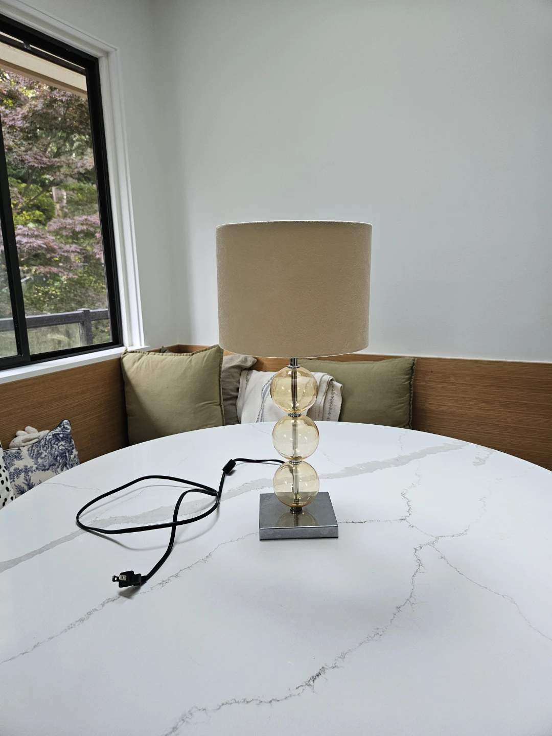 Amber Glass Ball Table Lamp with Tan Shade - photo 3