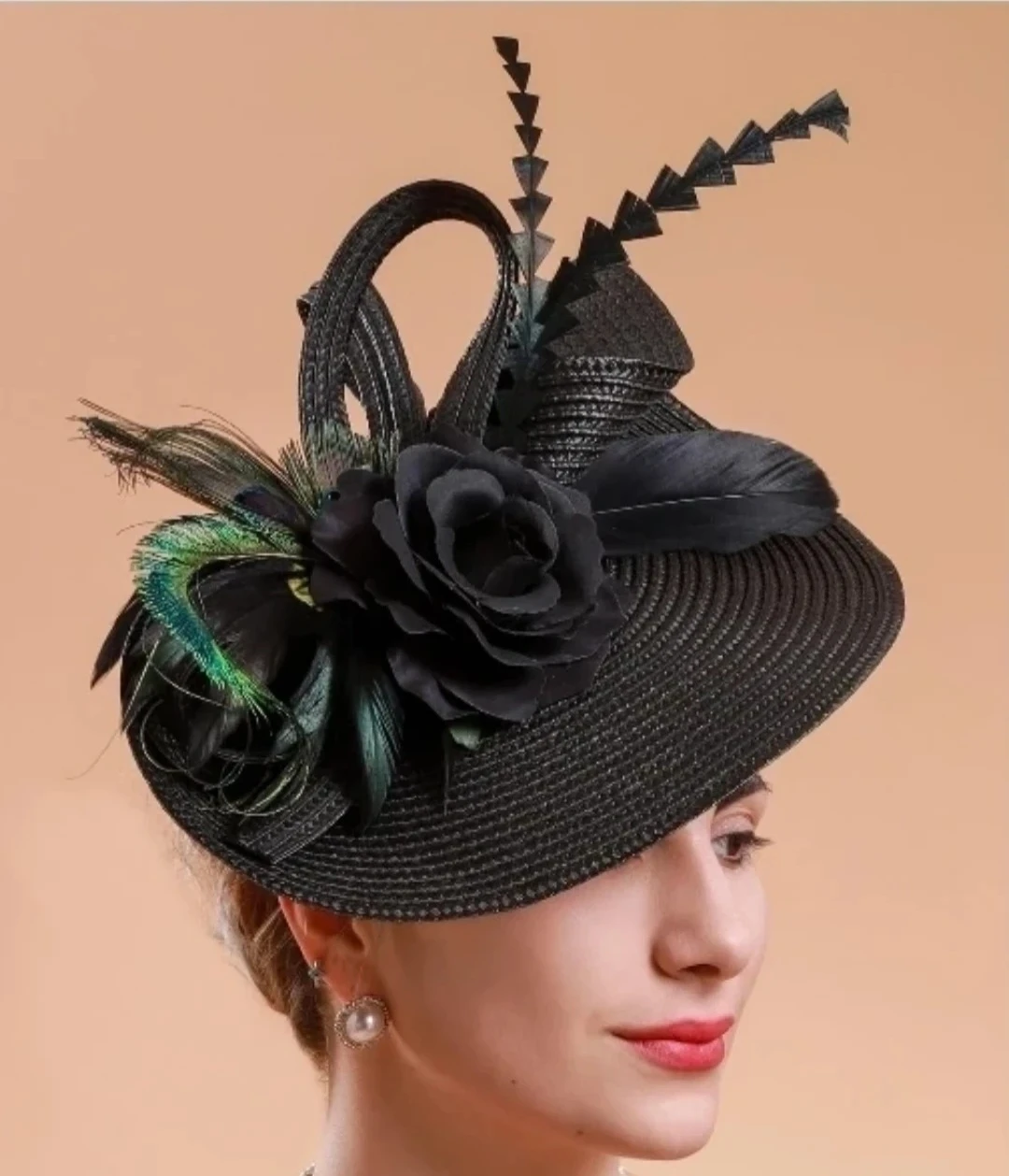Black Fascinator Hat with Flower and Feathers