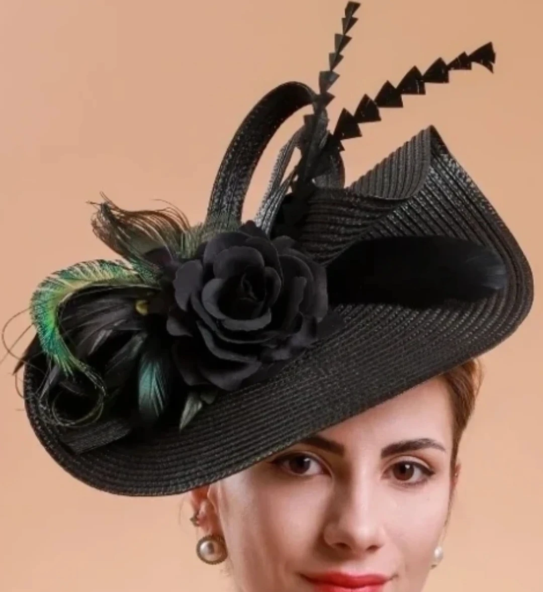 Black Fascinator Hat with Flower and Feathers - photo 2