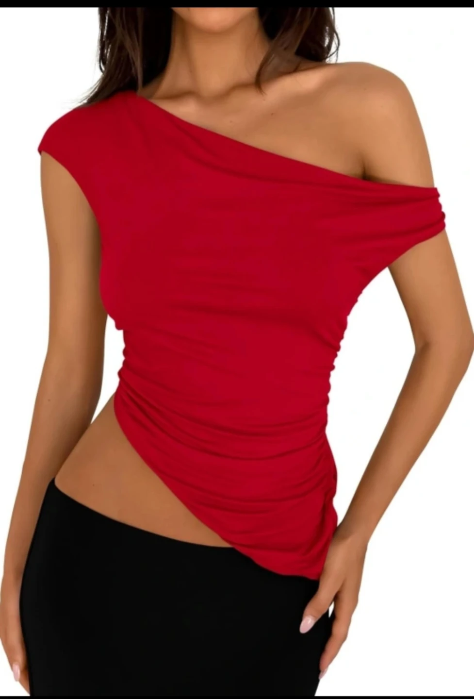 BNWT PRETTYGARDEN Women's Red One Shoulder Ruched Tank Top