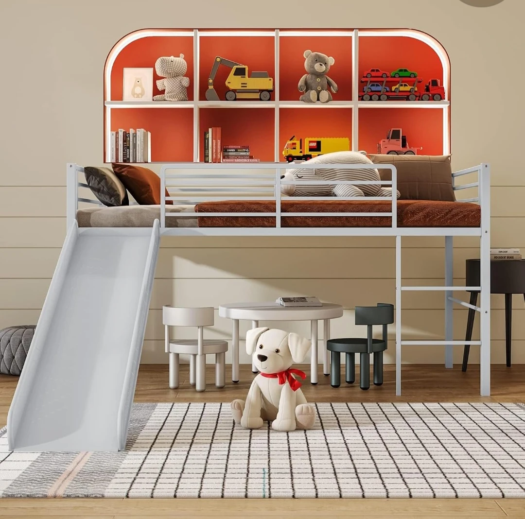 Grey Metal Twin Loft Bed with Full-Length Guardrails