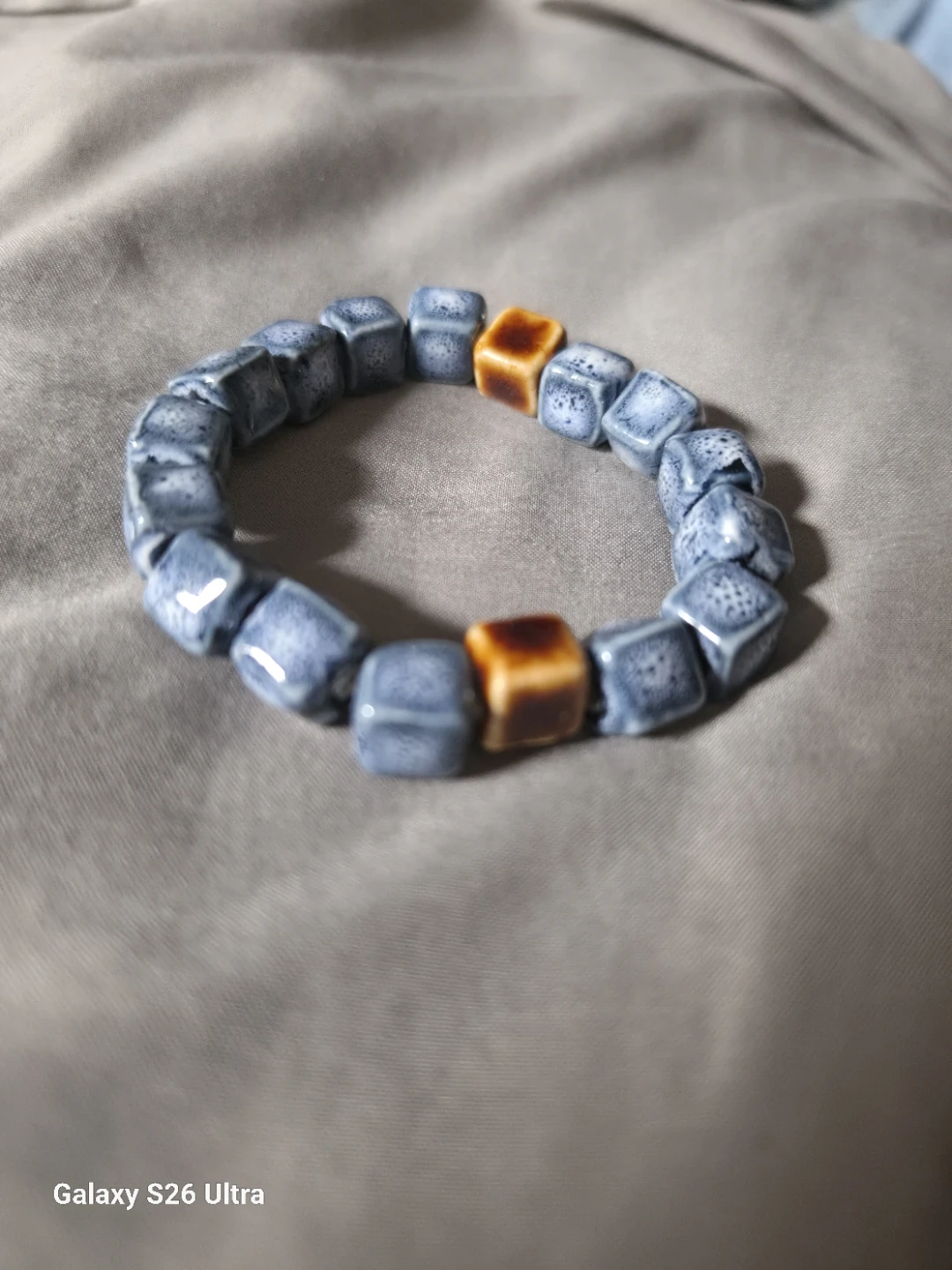 Blue Ceramic Bead Bracelet with Brown Accents