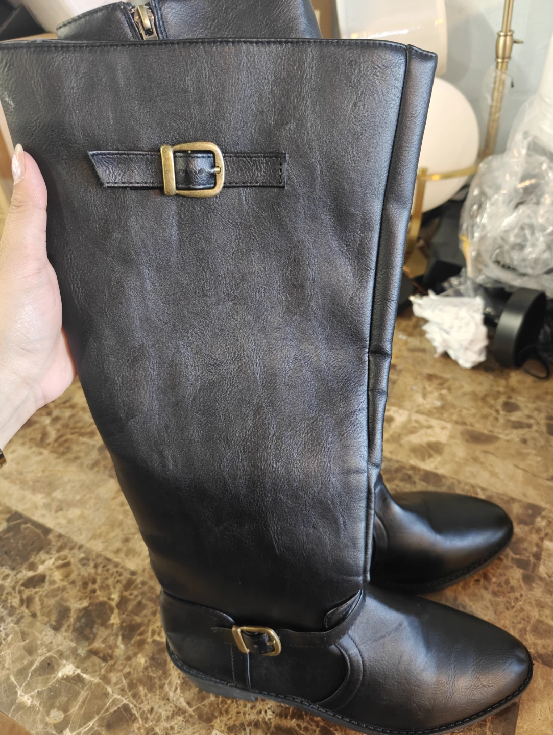 Black Faux Leather Knee-High Boots with Buckle Detail - photo 4