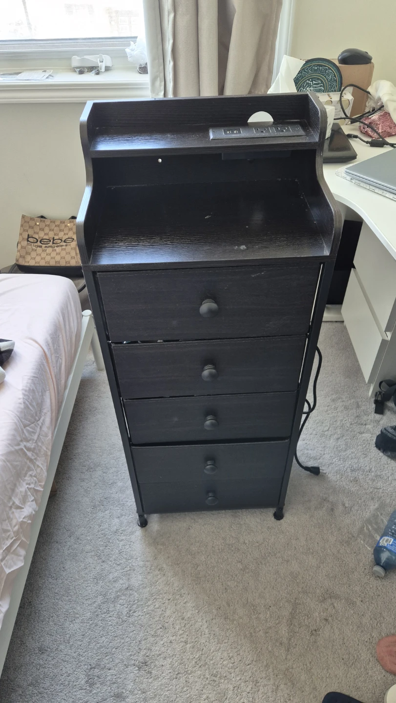 Dark Wood Nightstand with 5 Drawers and Built-in Outlet