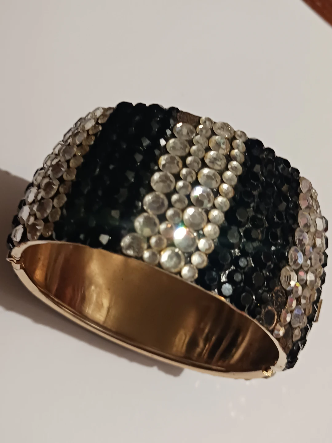 Gold Tone Black and Clear Rhinestone Bangle Bracelet