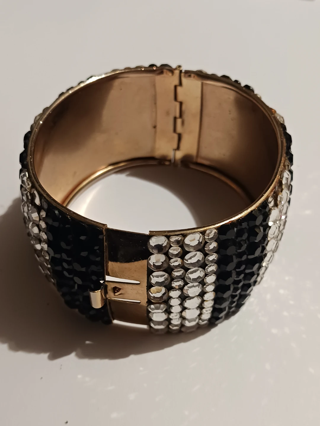 Gold Tone Black and Clear Rhinestone Bangle Bracelet - photo 2