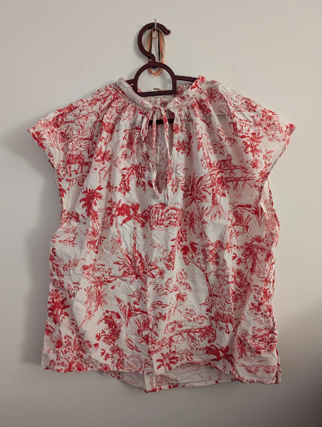 H&M Cotton Blouse Red/White Tropical Print Size S