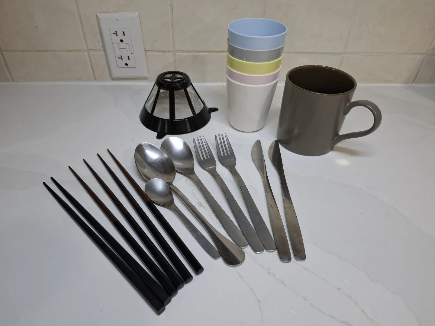 Mixed Cutlery, Cups, Mug, and Coffee Filter