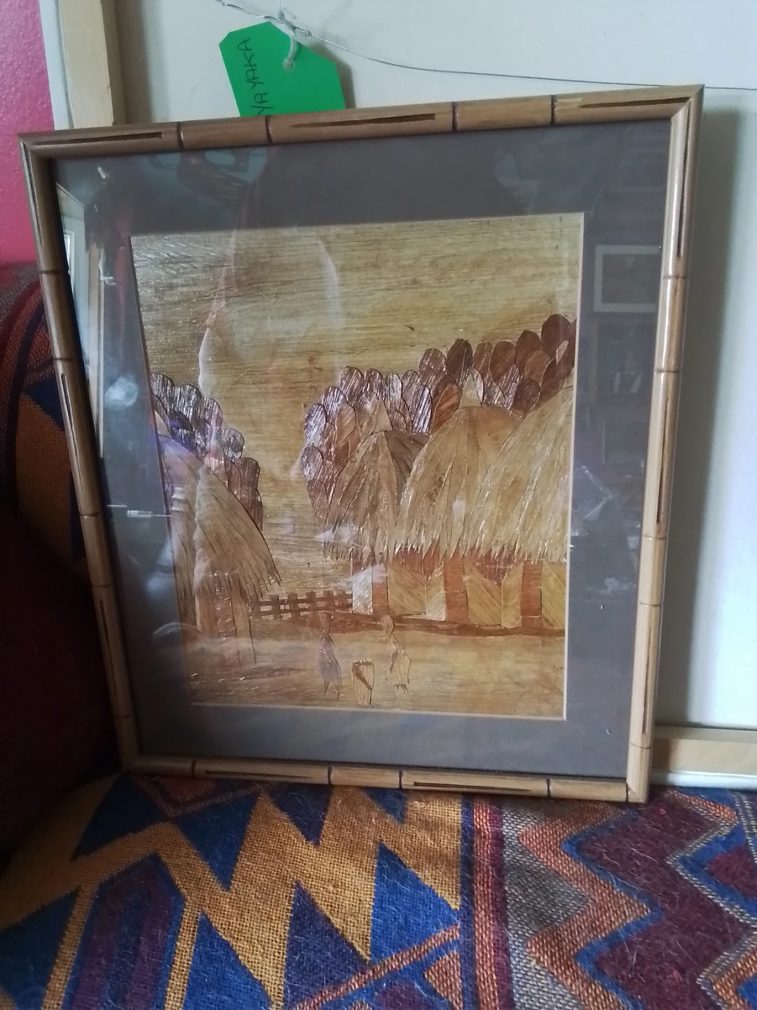 Vintage Framed African Banana Leaf Folk Art Collage - photo 2