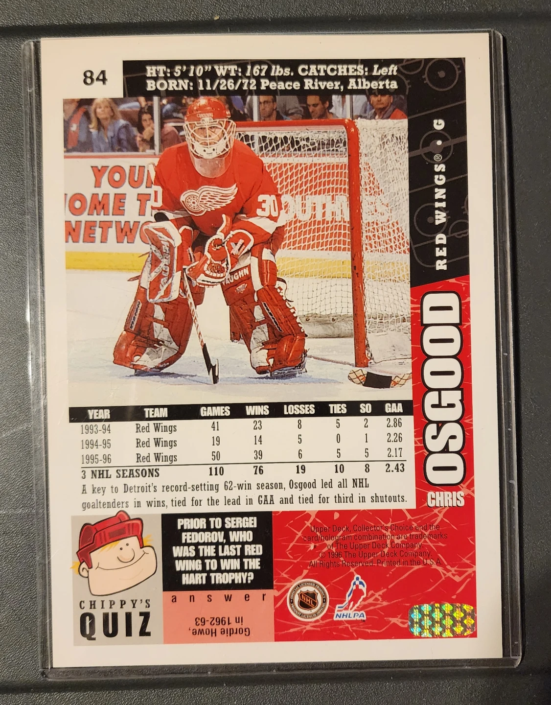 Chris Osgood 1995-96 Upper Deck Collectors Choice Hockey Card - photo 2