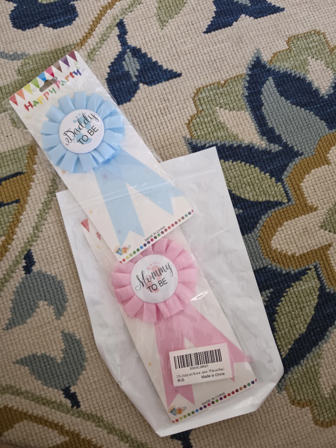Happy Party Daddy and Mommy to Be Ribbons (Blue & Pink)