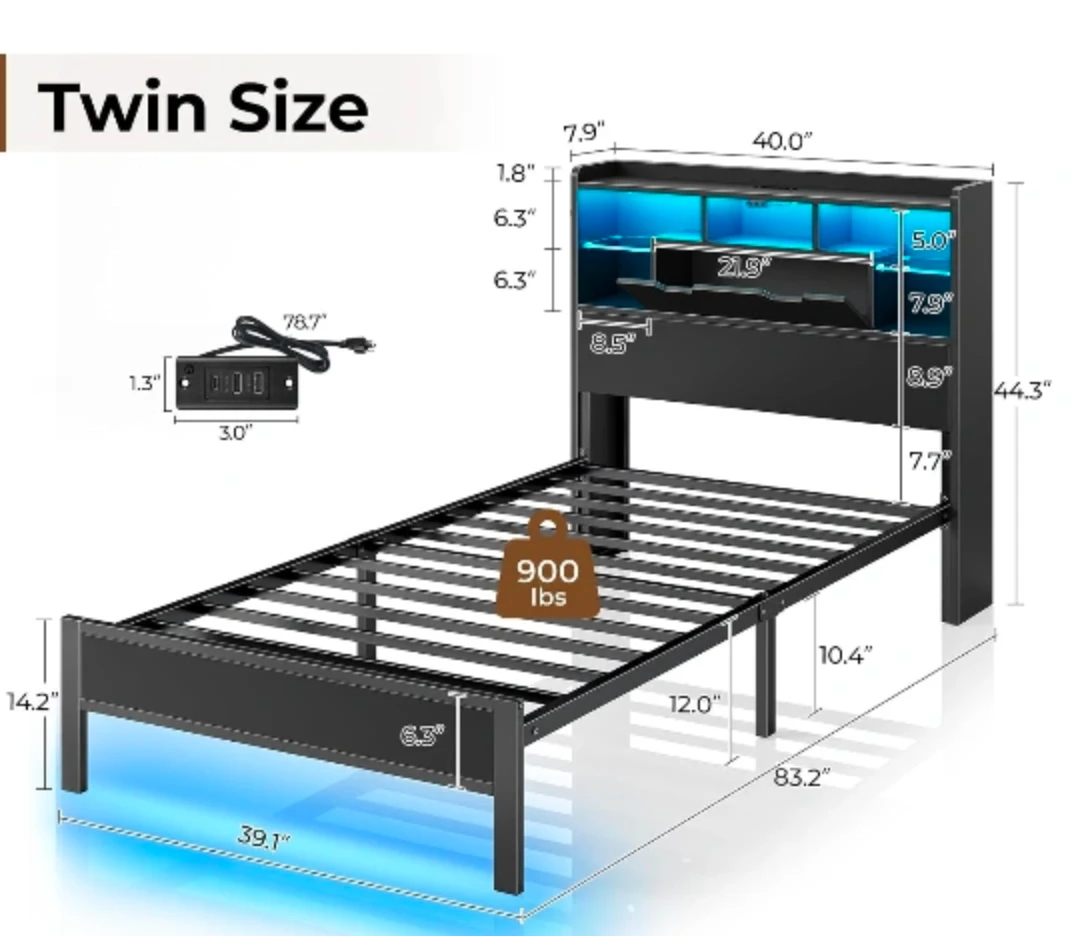 Twin Size Bed Frame with Headboard and LED Lights