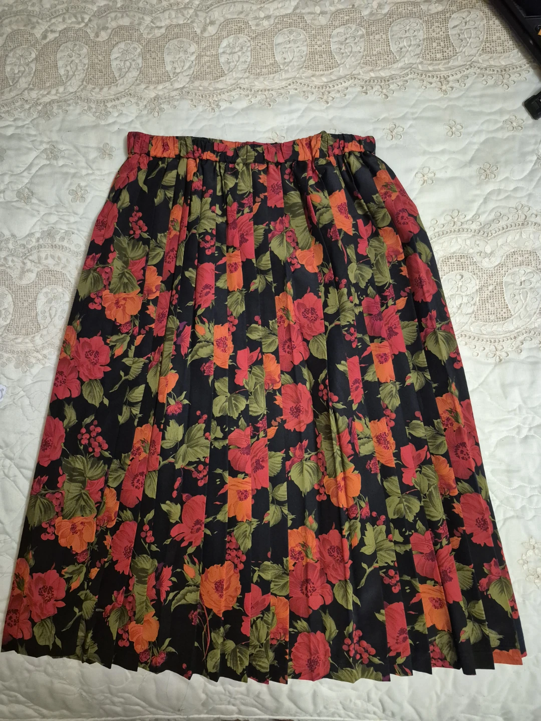 Pleated Floral Midi Skirt, bright flowers,